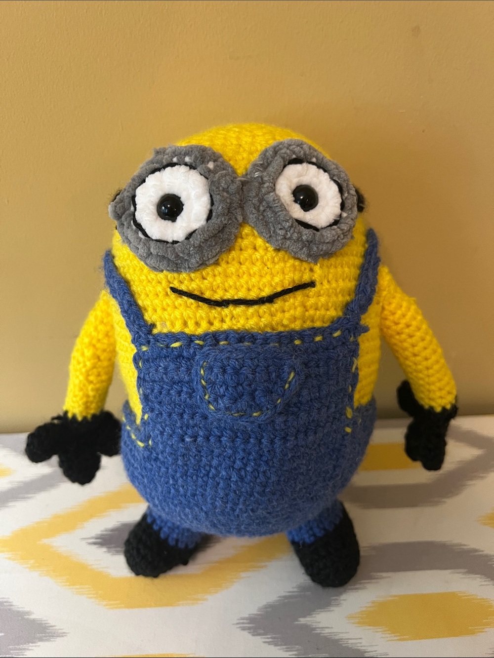 Handmade Yellow Crochet Plush Toy with Blue Overalls